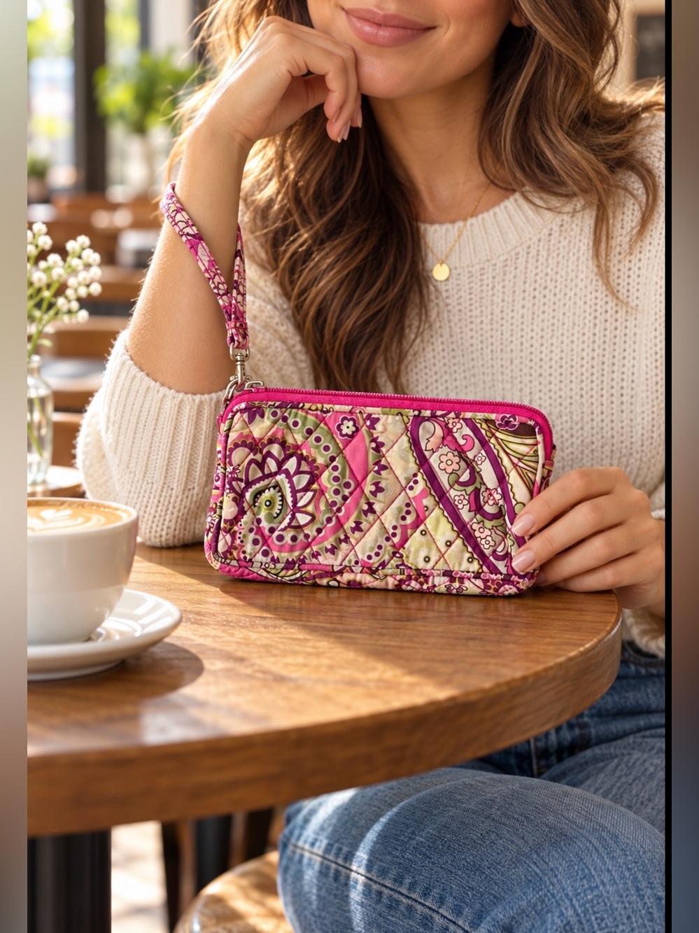 Vera Bradley Pink Green Paisley Quilted Zip Wristlet Wallet